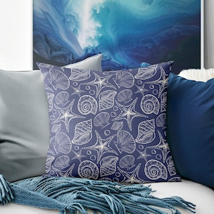 Ocean Theme Couch Pillow, Nautical Throw Pillow, Beach House Decor, Seashells and Starfish Design Pillow, 22x22 inches