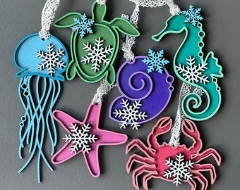 Coastal Theme Christmas Ornaments, Christmas Tree Ornaments, Xmas Ornaments, Coastal Decor - set of 6