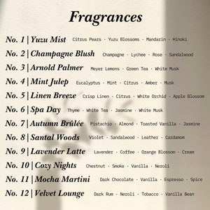 May include: A list of twelve fragrance names and their scent notes is displayed against a neutral background. The word "Fragrances" is at the top. Each fragrance is numbered and includes a name and a list of scent notes.