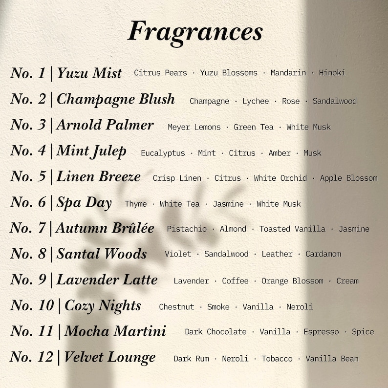 May include: A list of twelve fragrance names and their scent notes is displayed against a neutral background. The word "Fragrances" is at the top. Each fragrance is numbered and includes a name and a list of scent notes.
