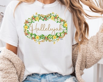 Camiseta Aleluya/Regalo cristiano para ella/Camiseta de mujer con colores reconfortantes/Camiseta inspiradora de fe/Ropa religiosa/Regalo para el Día de la Madre/Camiseta floral