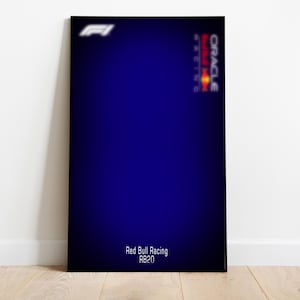 Pode incluir: Um poster emoldurado com um fundo gradiente azul escuro. Os logotipos da Red Bull Racing e Oracle são visíveis no canto superior direito. O texto "Red Bull Racing RB20" é impresso na parte inferior em branco. O logotipo da F1 está no canto superior esquerdo.