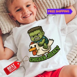Chicken Jockey T Shirt, Hilarious Cotton Gamer Gift, Cartoon Graphic ToddlerShirt, Quirky Tee for Chicken Lovers Shirt,Minecraft Movie Shirt