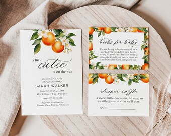 May include: Orange blossom themed baby shower invitation with a cute orange graphic and the text "a little cutie is on the way". The invitation includes the name of the person being honored, Sarah Walker, the date and time of the shower, and the location. It also includes information about a diaper raffle and a request for guests to bring books instead of cards.