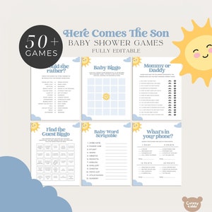 Hier kommt der Sohn Baby Shower Spiele, bearbeitbares Sun Baby Shower Spiele Bundle, hier kommt die Sun Baby Shower Spiele Vorlage, BBS130