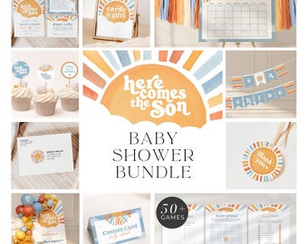 Here Comes The Son Baby Shower Bundle, Boho Sunshine, Canva Editable (Digital Download)