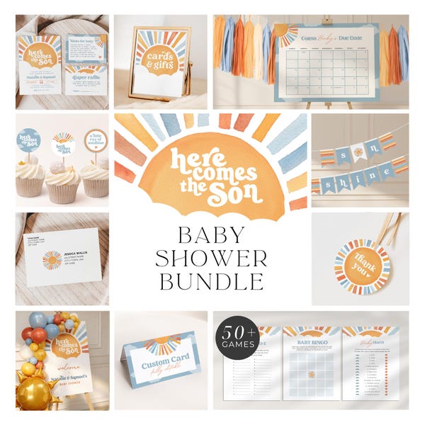 Here Comes The Son Baby Shower Bundle, Boho Sunshine, Canva Editable (Digital Download)