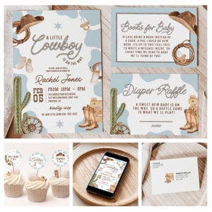 May include: A collection of cowboy-themed baby shower invitations and decorations. The invitations feature watercolor illustrations of cowboy boots, hats, and cacti. The color scheme includes light blue, brown, and beige. Cupcake toppers and a phone displaying the invitation are also included.