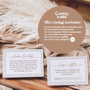 May include: Baby shower invitation and card set. The set includes invitations and cards with text that reads "Books for Baby" and "Diaper Raffle". The cards are decorated with a floral border and are on a neutral background.