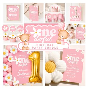 May include: A pink birthday party bundle with daisy and teddy bear graphics. The text "one derful" is featured on various items, including a sign, invitations, and cupcake toppers. A gold number one balloon is also included.