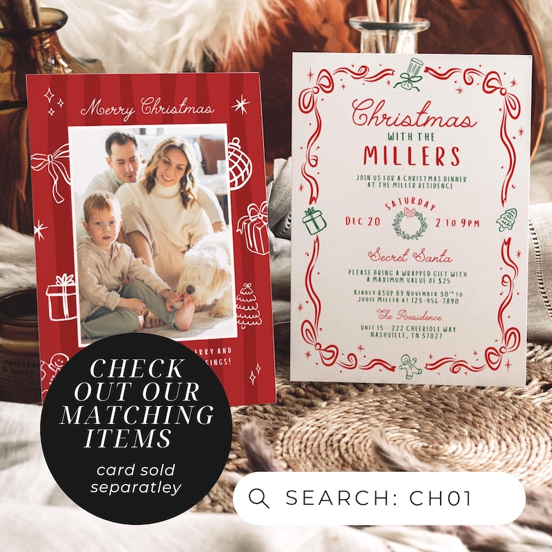 May include: Two Christmas cards. One red card with a family photo and the text "Merry Christmas." The other card is white with red decorative elements and the text "Christmas with the Millers." The cards are for a Christmas dinner.
