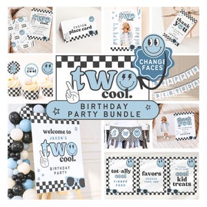 May include: A collection of birthday party decorations and supplies with a blue and black checkered theme. Items include invitations, cupcake toppers, a welcome sign, and favor signs. The phrase "two cool" is a prominent design element.
