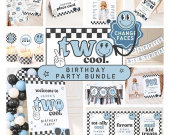 May include: A collection of birthday party decorations and supplies with a blue and black checkered theme. Items include invitations, cupcake toppers, a welcome sign, and favor signs. The phrase "two cool" is a prominent design element.
