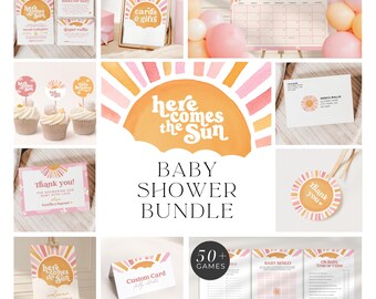 Paquete de baby shower Little Sunshine: Editable Here Comes the Sun, A Little Ray of Sunshine Is Almost Here, Boho Sunshine Baby Shower Set