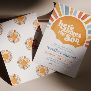 Invito per baby shower "Ecco che arriva il figlio", pacchetto baby shower "Sunshine". Baby shower "Sunshine" per bambino, Boho Sunshine Shower, download digitale