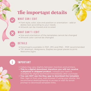 May include: A pink and white digital download information sheet with the text "The important details". The sheet lists what can and can't be edited, details about downloads, and important information about the product.