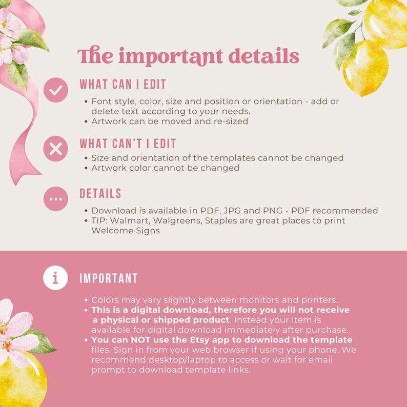 May include: A pink and white digital download information sheet with the text "The important details". The sheet lists what can and can't be edited, details about downloads, and important information about the product.