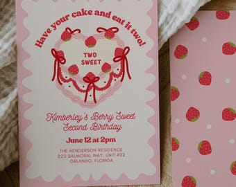 May include: Pink invitation card with a strawberry cake illustration and the text "Have your cake and eat it two!"  "Two Sweet"  "Kimberley's Berry Sweet Second Birthday"  "June 12 at 2pm"  "The Henderson Residence 222 Balmoral Way, Unit #02 Orlando, Florida"