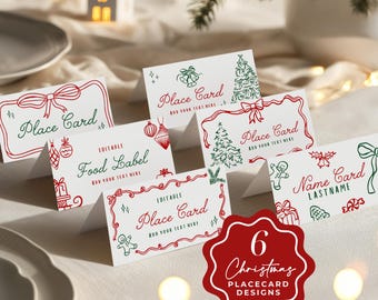 Christmas Place Cards – Editable Holiday Table Name Cards, Printable Food Labels, Buffet Labels, Seating Cards, Digital Download, CH01