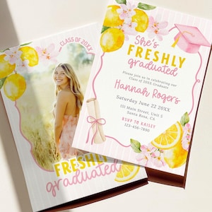 Freshly Graduated Invitation Template: Lemon Graduation Citrus Grad Invite Theme, Class of 2026 Canva Template (Digital Download)