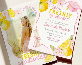 Freshly Graduated Invitation Template: Lemon Graduation Citrus Grad Invite Theme, Class of 2026 Canva Template (Digital Download)
