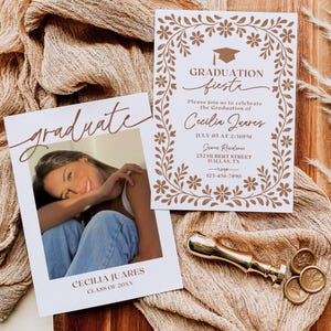 Mexican graduation invitation, Talavera graduation invite, graduation fiesta invitation, editable graduation template, Canva graduation invitation, terracotta graduation invite, printable graduation announcement, class of 2026 invitation, senior graduation party invite, grad open house template, Mexican tile invitation, college graduation invite, digital grad announcement