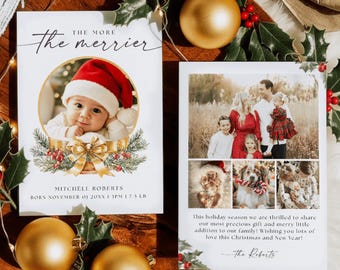 Christmas Birth Announcement Photo Insert Card – The More the Merrier Newborn Photo Christmas Card, Digital Download
