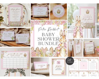 May include: A collection of Peter Rabbit-themed baby shower decorations and games. Includes invitations, thank you cards, signs, and game cards. The color scheme is pink and white with floral and bunny illustrations. The text includes "Baby Shower" and "Baby Noah".