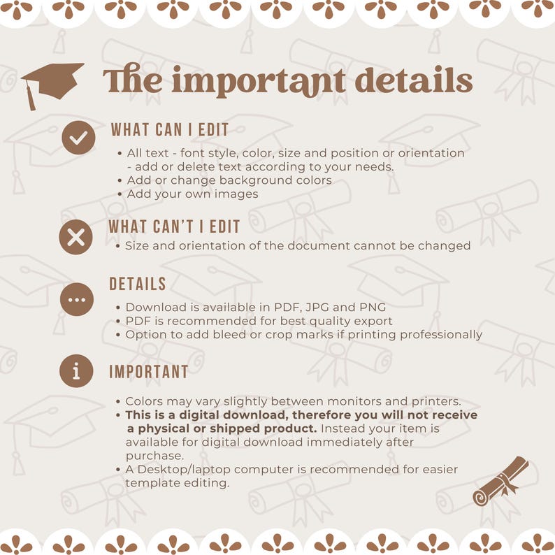 May include: A beige background with brown text and icons outlining the important details of a digital download. The text reads "The important details", "What can I edit", "What can't I edit", "Details", and "Important".