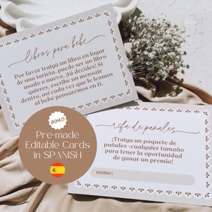 May include: Two baby shower cards with text in Spanish. One card reads "libros para bebe" and the other reads "rifa de panales". A bonus circle states "Pre-made Editable Cards in SPANISH".