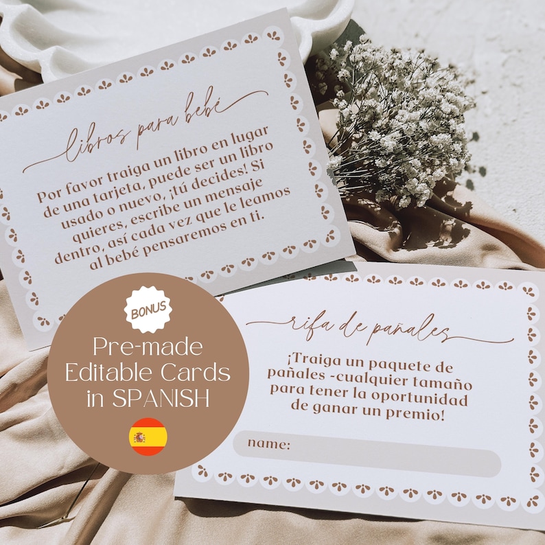 May include: Two baby shower cards with text in Spanish. One card reads "libros para bebe" and the other reads "rifa de panales". A bonus circle states "Pre-made Editable Cards in SPANISH".