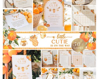 Little Cutie Baby Shower Bundle – Gender-Neutral Citrus “A Little Cutie Is On The Way” Theme, Editable Printable Set, Games and Decor
