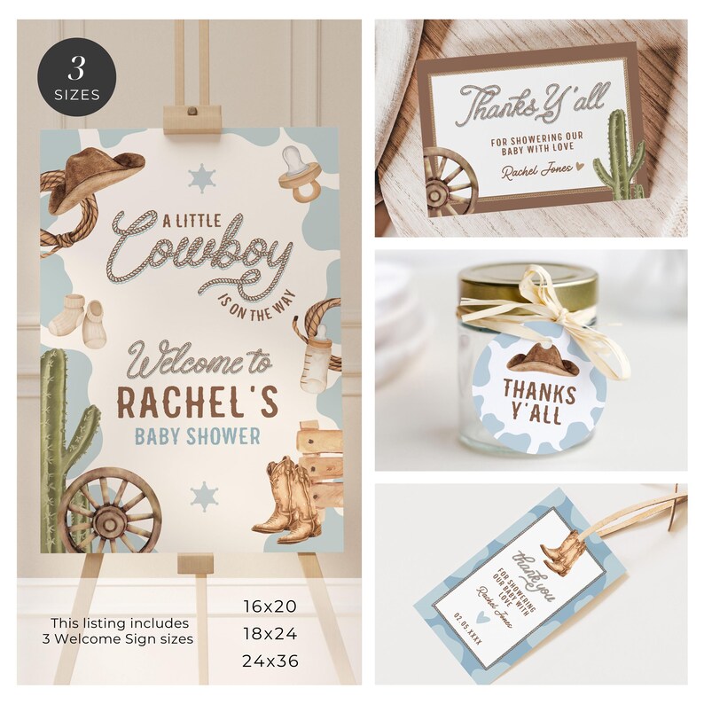 May include: A collection of cowboy-themed baby shower decorations. The main sign reads "A Little Cowboy is on the Way" and "Welcome to Rachel's Baby Shower." Additional items include thank you cards, jar labels, and a tag, all with cowboy boot and hat illustrations.