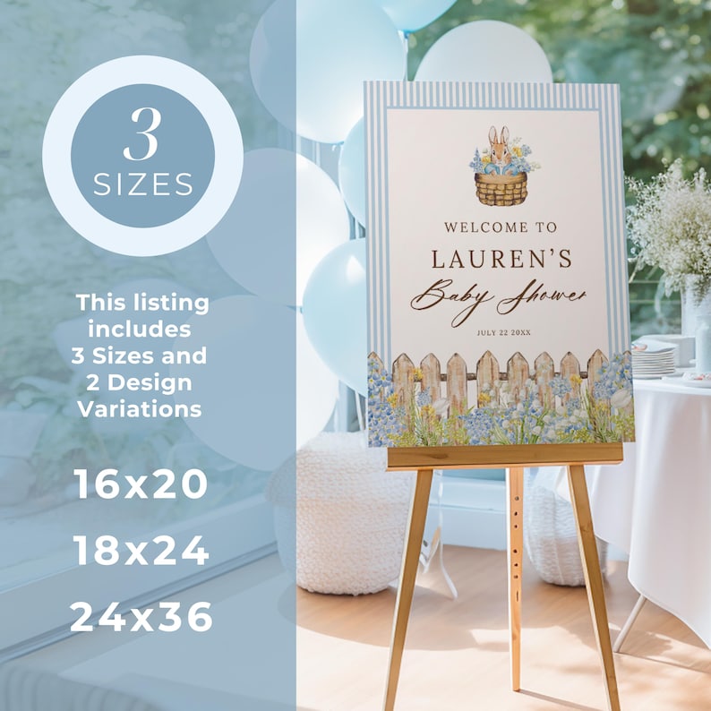May include: A baby shower welcome sign on a wooden easel. The sign features a bunny in a basket, a picket fence, and the text "Welcome to Lauren's Baby Shower." The sign is available in 3 sizes: 16x20, 18x24, and 24x36 inches.