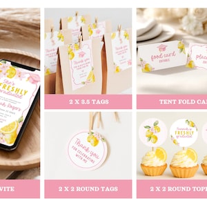 Freshly Graduated graduation party bundle, lemon graduation decor, floral graduation invitation, wildflower grad party, editable Canva template, Class of 2026 senior graduation party decorations, photo grad announcement, welcome sign, printable graduation bundle, Freshly Graduated welcome sign, Freshly Graduated invitation, wildflower graduation, pink graduation, pink graduation cap, lemon grad party, pink grad, freshly graduated