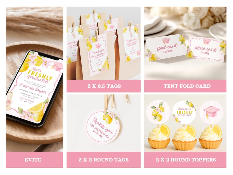 Freshly Graduated graduation party bundle, lemon graduation decor, floral graduation invitation, wildflower grad party, editable Canva template, Class of 2026 senior graduation party decorations, photo grad announcement, welcome sign, printable graduation bundle, Freshly Graduated welcome sign, Freshly Graduated invitation, wildflower graduation, pink graduation, pink graduation cap, lemon grad party, pink grad, freshly graduated