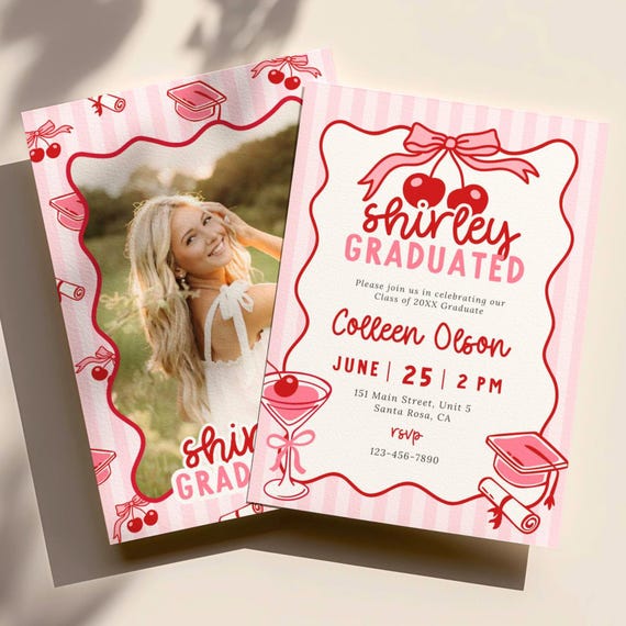 Shirley Graduated Invitation Template: Cherry Graduation Invite Theme, Class of 2026 Canva Template (Digital Download)