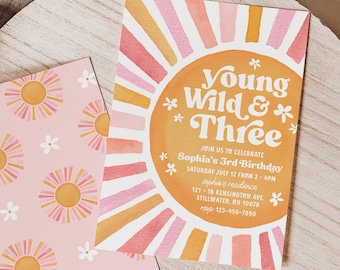 Young Wild and Three Birthday Invitation: Sunshine Daisy Theme (Digital Download)