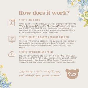 May include: A beige graphic with the text "How does it work?" and instructions for downloading and editing a template. The steps include opening a link, creating a Canva account, and downloading the file. Floral accents and a "Cutesy kiddo" logo are also present.