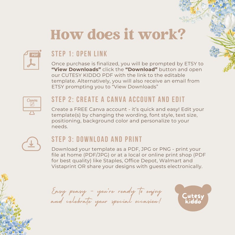 May include: A beige graphic with the text "How does it work?" and instructions for downloading and editing a template. The steps include opening a link, creating a Canva account, and downloading the file. Floral accents and a "Cutesy kiddo" logo are also present.