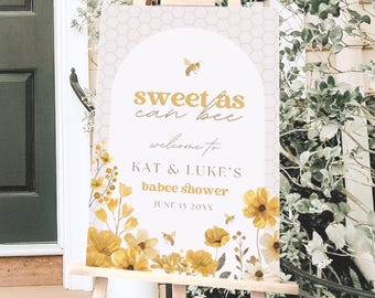 Bee Baby Shower Welcome Sign – Mommy to Bee Party Decor, Sweet as Can Bee Theme, Editable Printable Honeycomb Sign Digital Download, BBS120