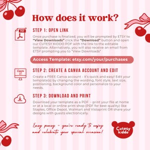 May include: Pink and white striped graphic with the text "How does it work?" and instructions for downloading and editing a template. Includes icons for PDF, Canva, and a download symbol. The Cutesy Kiddo logo is also present.