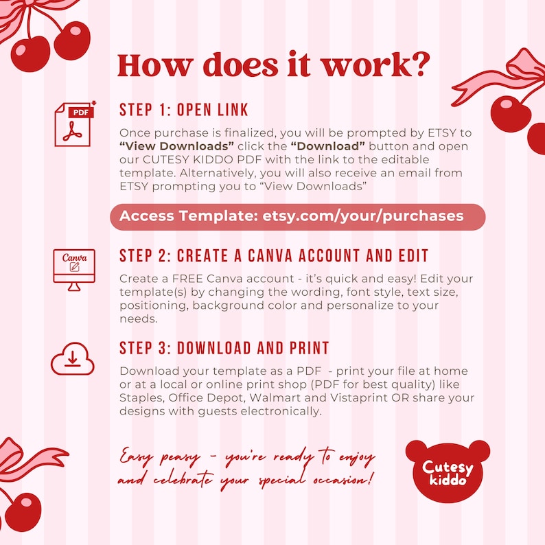 May include: Pink and white striped graphic with the text "How does it work?" and instructions for downloading and editing a template. Includes icons for PDF, Canva, and a download symbol. The Cutesy Kiddo logo is also present.