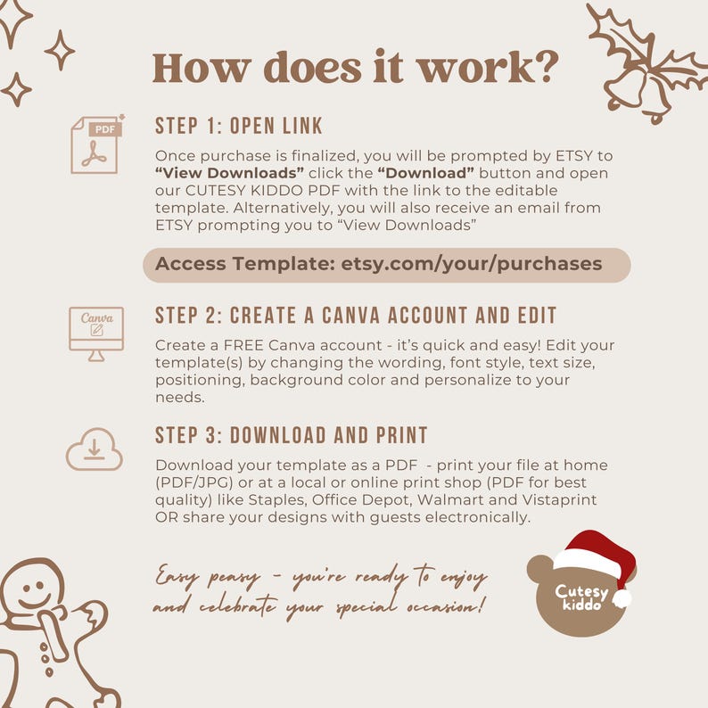 May include: A beige infographic with text explaining how to download and edit a template. The steps include opening a link, creating a Canva account, and downloading the file. The text includes the phrase "How does it work?" and "Cutesy kiddo."