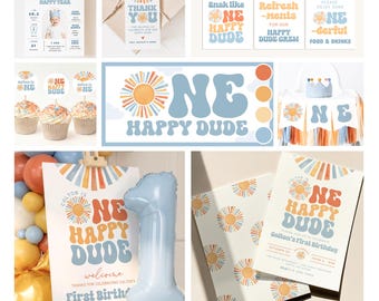 May include: A collection of party decorations with a retro theme. Includes invitations, signs, cupcake toppers, and a banner, all featuring a sunburst design and the text "ONE HAPPY DUDE" in blue and orange.