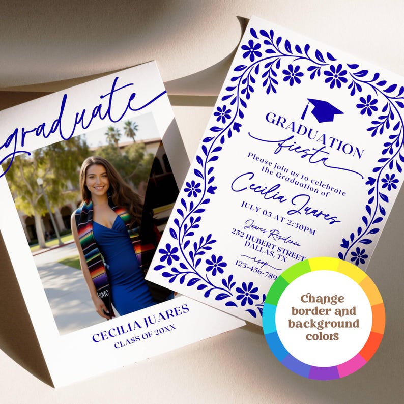 Mexican graduation invitation, Talavera graduation invite, graduation fiesta invitation, editable graduation template, Canva graduation invitation, terracotta graduation invite, printable graduation announcement, class of 2026 invitation, senior graduation party invite, grad open house template, Mexican tile invitation, college graduation invite, digital grad announcement