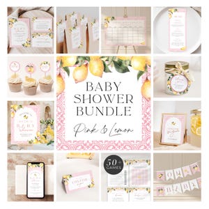Puede incluir: Paquete de imprimibles para baby shower con temática rosa y limón con más de 50 juegos, invitaciones, cartel de bienvenida, adornos para cupcakes, etiquetas de regalo y más.