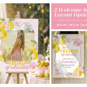 Freshly Graduated graduation party bundle, lemon graduation decor, floral graduation invitation, wildflower grad party, editable Canva template, Class of 2026 senior graduation party decorations, photo grad announcement, welcome sign, printable graduation bundle, Freshly Graduated welcome sign, Freshly Graduated invitation, wildflower graduation, pink graduation, pink graduation cap, lemon grad party, pink grad, freshly graduated