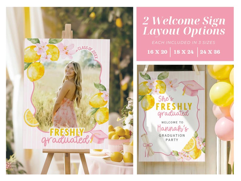 Freshly Graduated graduation party bundle, lemon graduation decor, floral graduation invitation, wildflower grad party, editable Canva template, Class of 2026 senior graduation party decorations, photo grad announcement, welcome sign, printable graduation bundle, Freshly Graduated welcome sign, Freshly Graduated invitation, wildflower graduation, pink graduation, pink graduation cap, lemon grad party, pink grad, freshly graduated