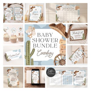 Modello di invito per baby shower da cowboy, un piccolo cowboy è in arrivo, baby shower del selvaggio West, baby shower del rodeo blu, pacchetto cowboy, BBS180